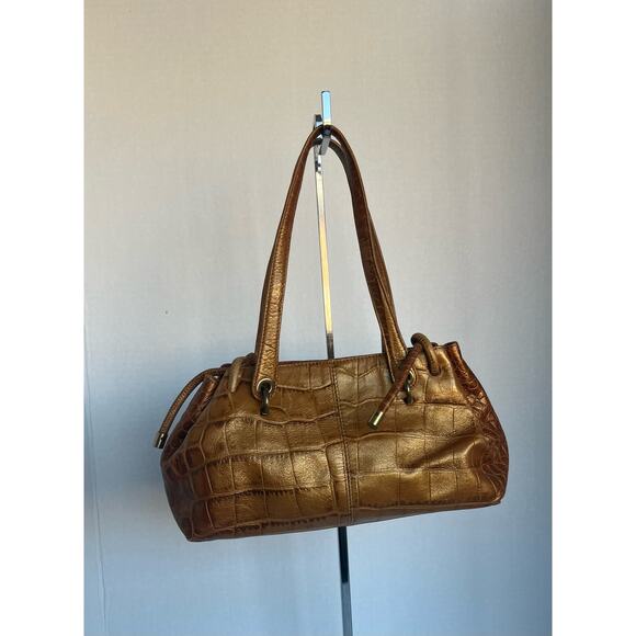 Monsac Leather Crocodile Bag Chestnut Gold Small Handbag - Picture 1 of 8